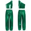 Girls Dance Party Outfit One Shoulder Metallic Cropped Vest Shiny Pants Set for Stage Performances Birthday Events