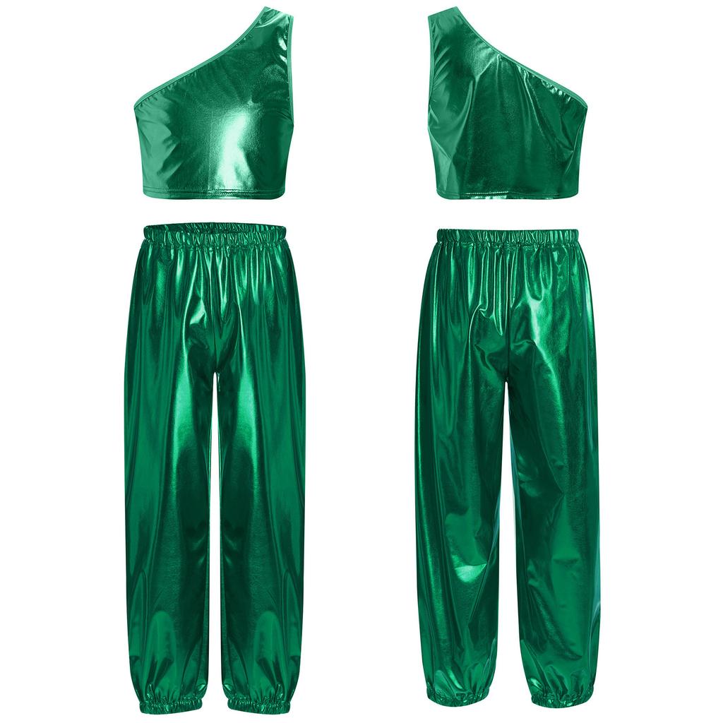 Girls Dance Party Outfit One Shoulder Metallic Cropped Vest Shiny Pants Set for Stage Performances Birthday Events