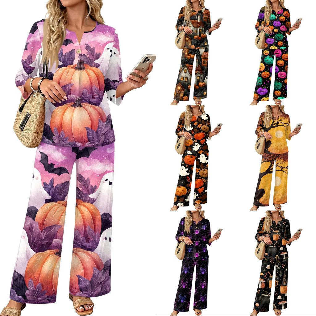 Women's Casual Printed 3/4 Sleeve Button Down Top and Wide Leg Pants 2 Piece Set