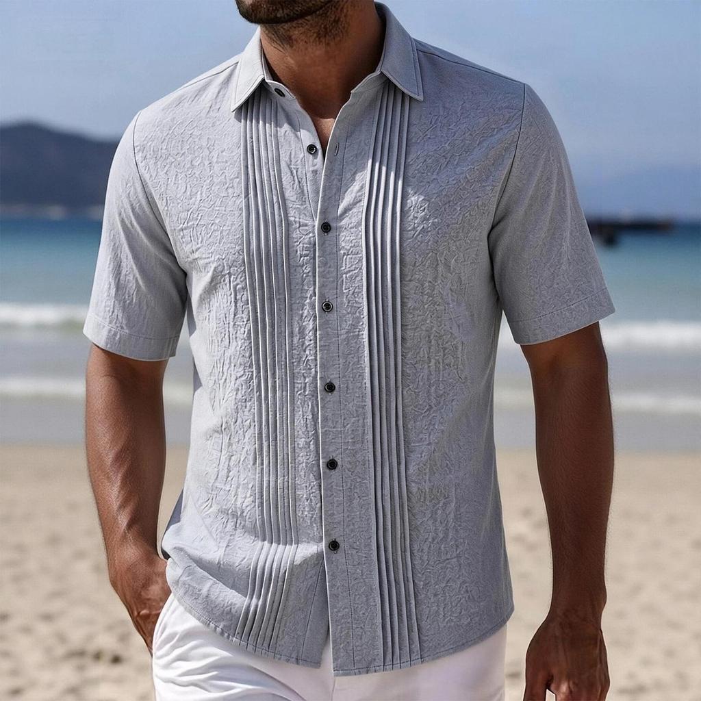 Men's Linen Shirt Short Sleeve Button Front Pleated Casual Summer