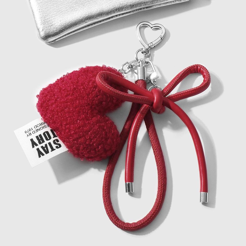 Versatile Multi-Color Leather Bow and Plush Heart Keychain Charm