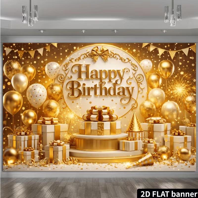 2D Gold & White Themed Birthday Photo Booth Backdrop with Bunting Flags