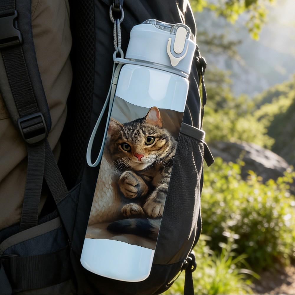 1PC Two Cats Rest On Pillow 750ml Color Plastic Sports Water Bottle Leakproof Flip Straw Lid Suitable for Sports Office Home Use