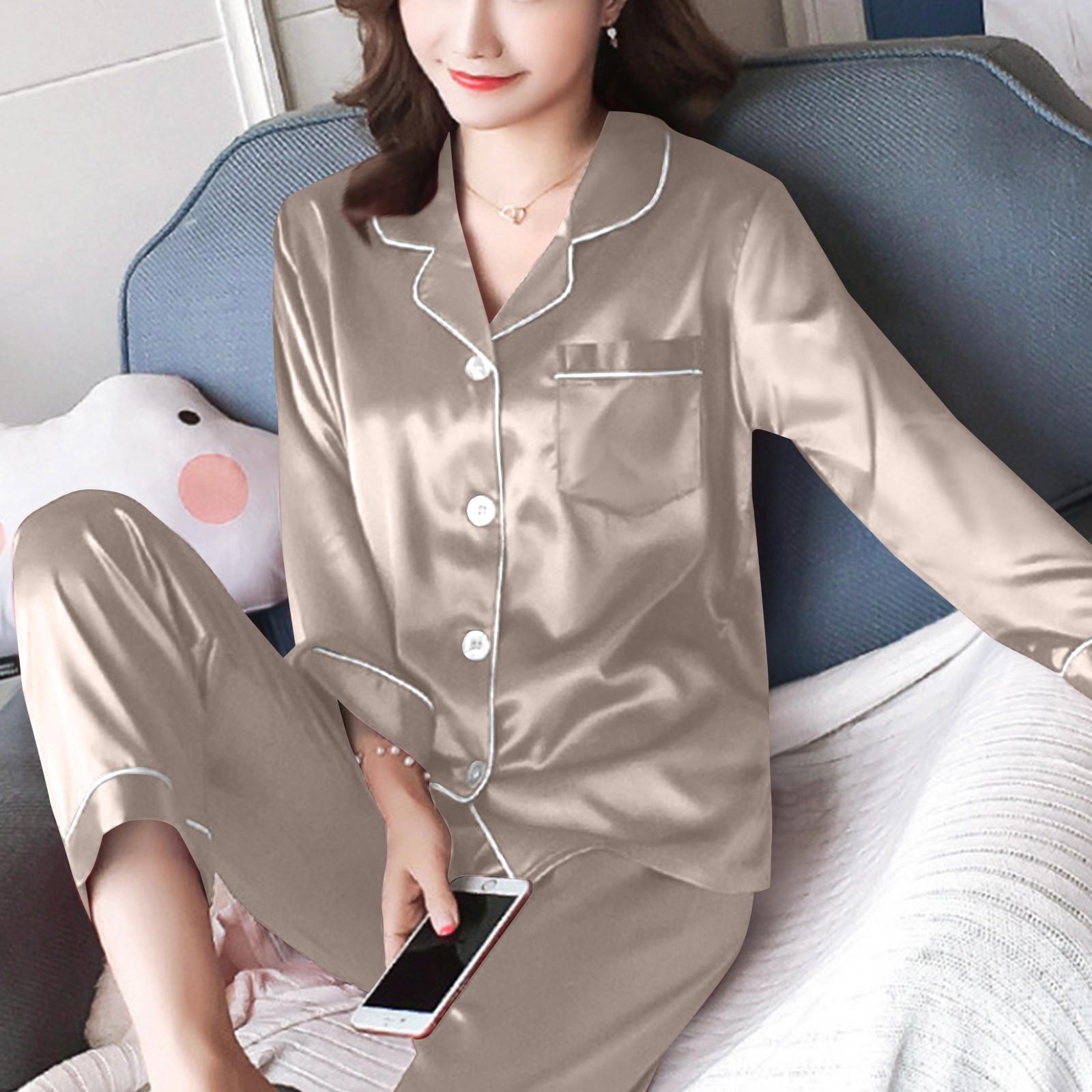 

Женский повседневный кардиган с длинным рукавом, пижамный комплект, домашняя одежда из шелка, комплект из двух предметов L