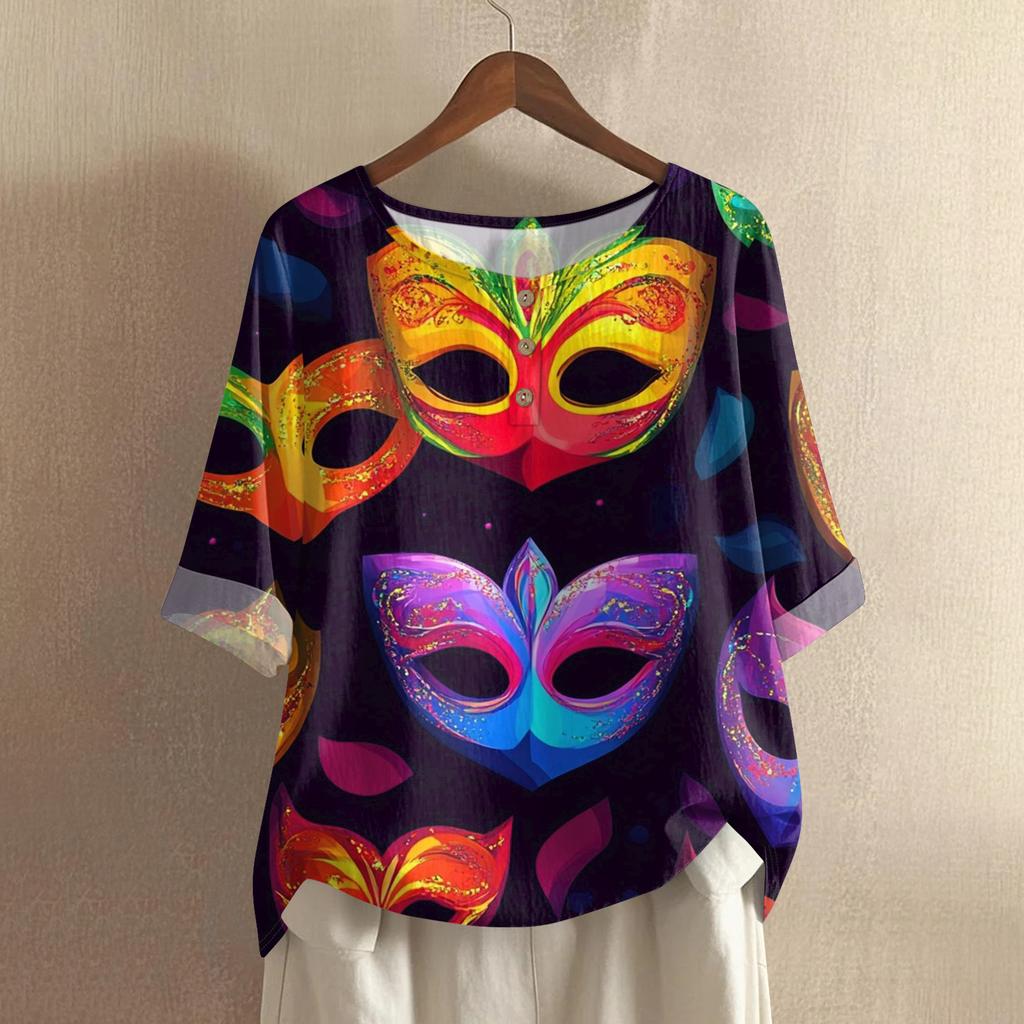 Women's Carnival Printed Casual Mid Sleeve Round Neck Cotton And Hemp Top