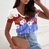 Fashionable and Elegant Temperament Lazy Flower Pattern Print V-neck Short Sleeved Women's T-shirts
