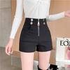 Women's Black Double-Breasted Stretch Shorts - Summer Thin Style, Pure Cotton, Loose Wide-Leg Hot Pants
