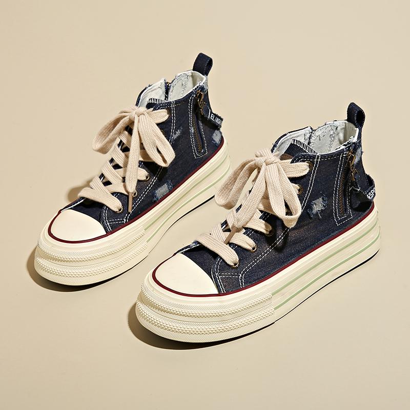 

Женские парусиновые туфли на платформе, ретро студенческие туфли, кроссовки с высоким верхом на шнуровке, удобные кеды для скейтборда на плоской подошве на молнии для женщин 40 синий