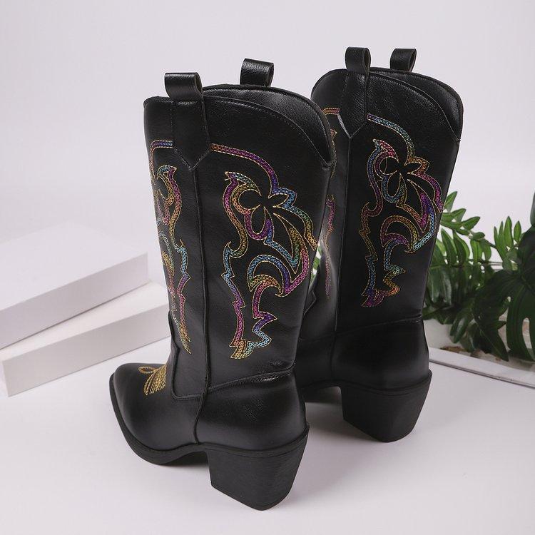Women's Cowboy Boots Wide Mid Calf Pointed Toe Non-Slip Embroidered Chunky Block Heels Cowgirl Boots Pull On Comfortable Western Booties for Women