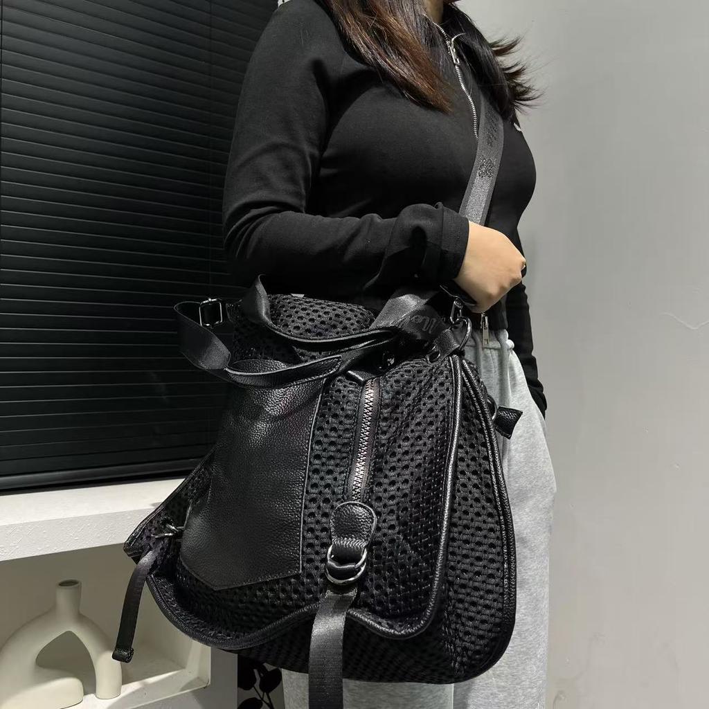 European and American Retro Mesh Splicing Leather Tote Bag, Large Capacity Casual Versatile Diagonal Cross Bag