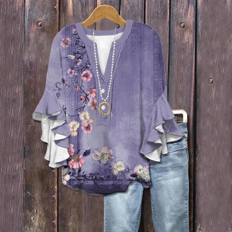 Süße Sommeroberteile mit Blumendruck für Damen V-Ausschnitt 3/4 Ärmel Lässige Blusen Hemden