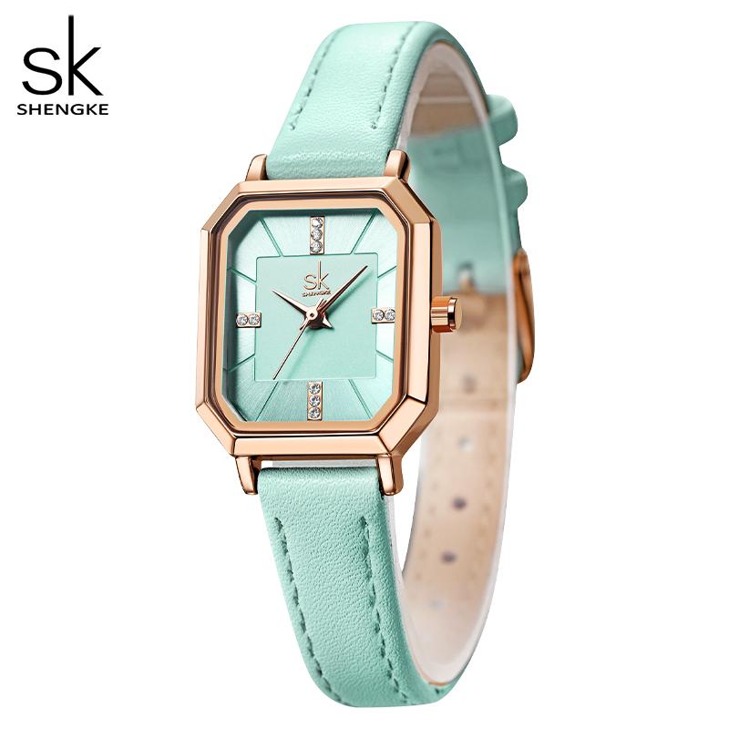 SHENGKE Fashion Black Leather Strap Woman Watches Top Luxury Women's Quartz Wristwatches Reloj Mujer Zegarek Damski