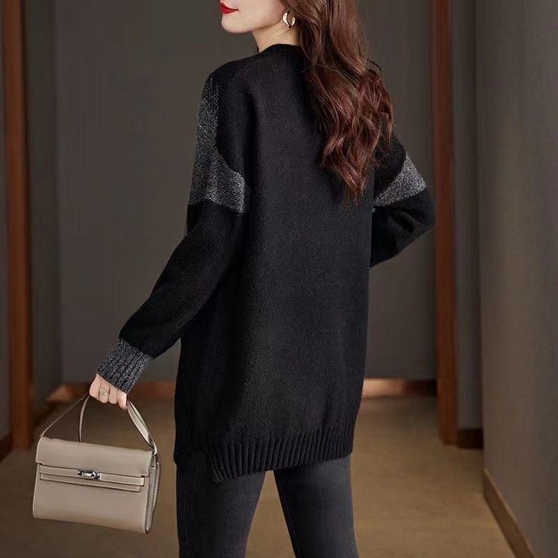 Fashionable Loose Long V-neck Sweater for Women with Mid-length Design and Plus Size