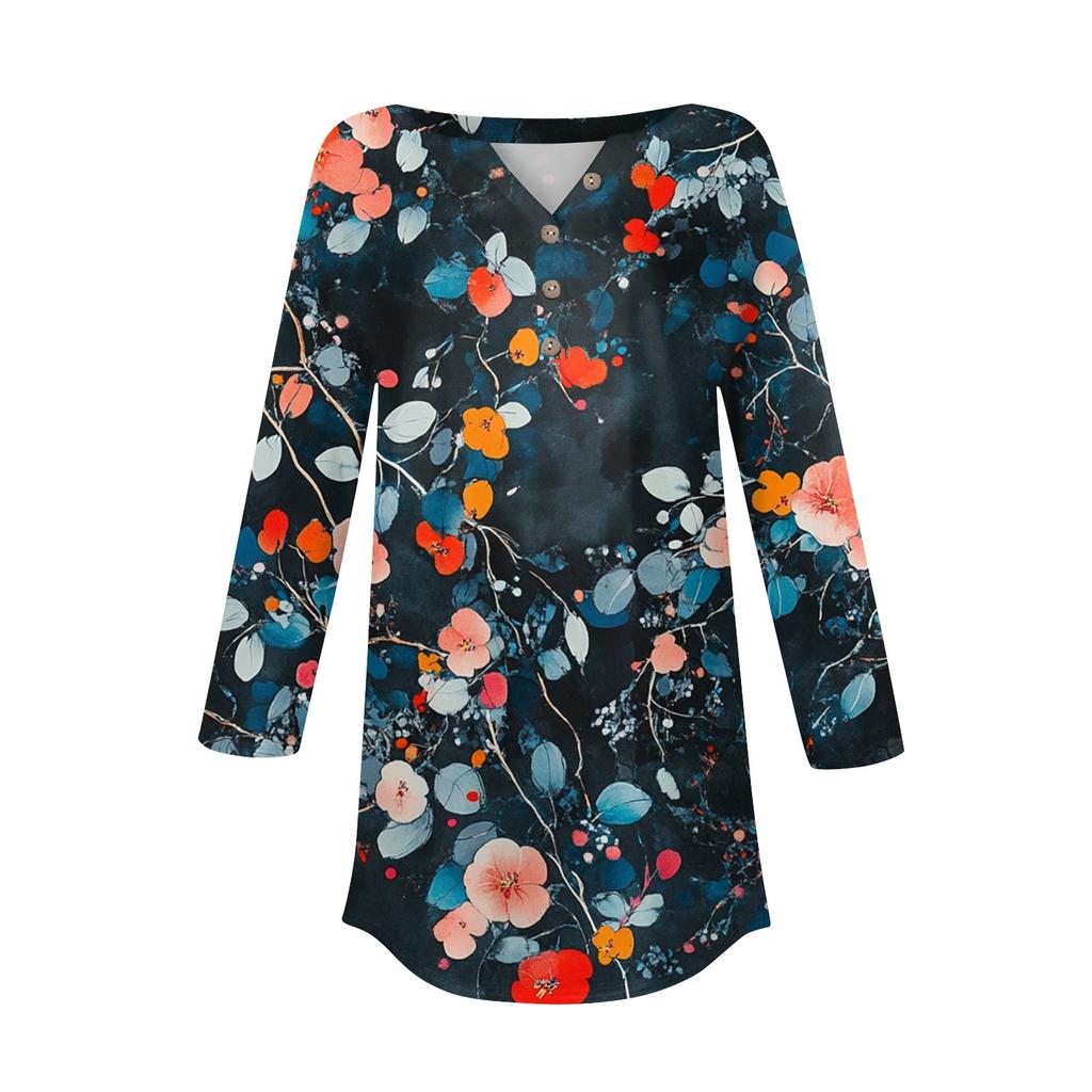 Women's Loose Button Collar Vintage Floral Print Three-quarter Sleeve T-Shirt Shirt