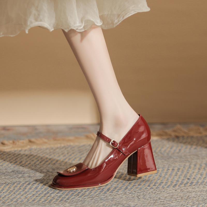 High heels female Mary Jane small leather shoes female summer thick heel camellia red beige black Mary Jane single shoes female