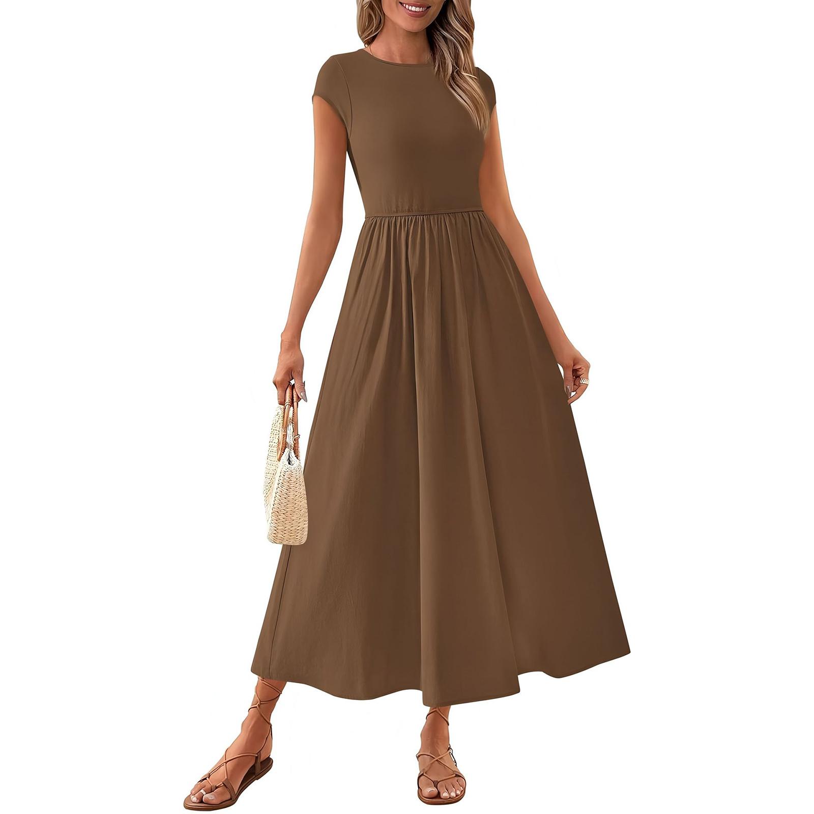 Women s Fashion Color Round Neck Hooded Sleeve Casual Long Beach Vacation A-line Skirt Dress L