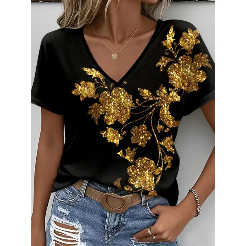 Women's T-shirt Fashion Casual Versatile Vacation Style Summer T Shirt 3D Butterfly Print V-neck Short Sleeved Top