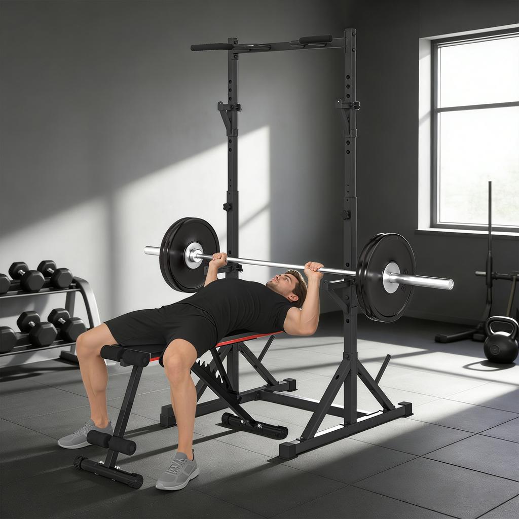 Adjustable Squat Rack With Double Support Weight Plate Holder And Pull Up Bar Steel 112 100x201 217 Cm Black