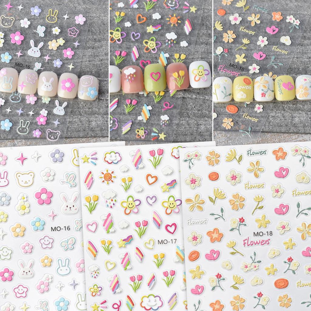 Embossed Tulip & Rainbow Nail Decals with Cute Rabbit & Flower Starburst