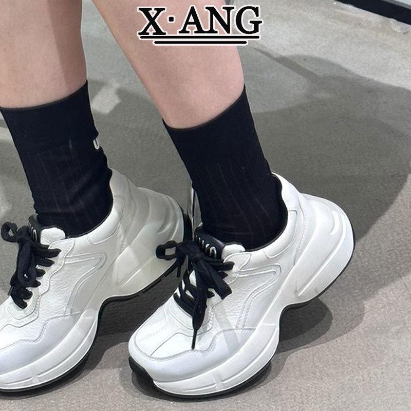 Ankola red women's shoes leather dad shoes children's versatile spring new thick-soled heightening casual sports shoes