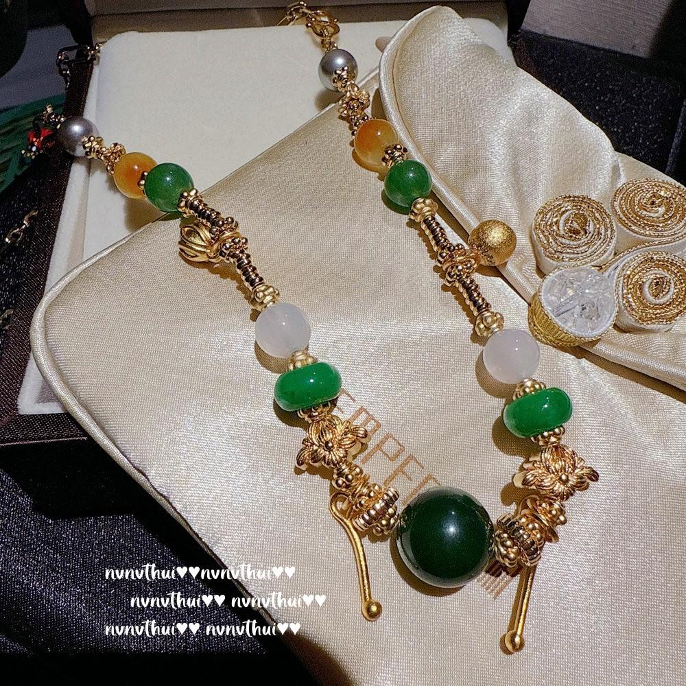 Ancient Filigree Screw Enamel Eight Treasures Compass Blessing Bead Necklace, New Chinese Style, Emerald Beaded Bracelet, Set