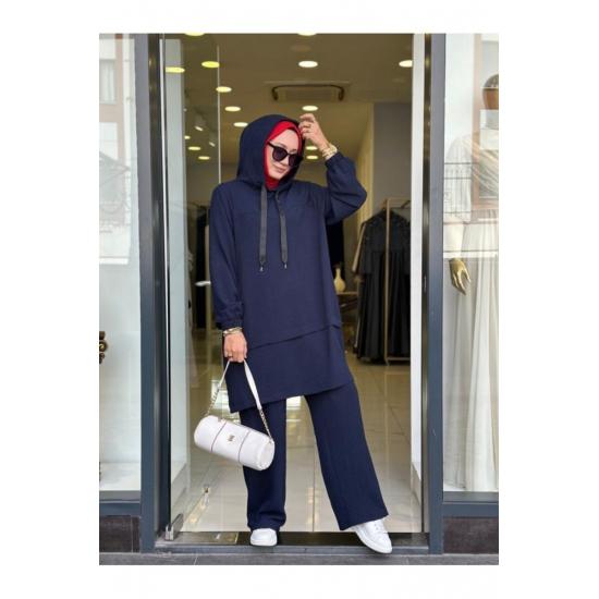 Women's Hooded Zippered Sleeves Elastic Wide Leg Pants Suit