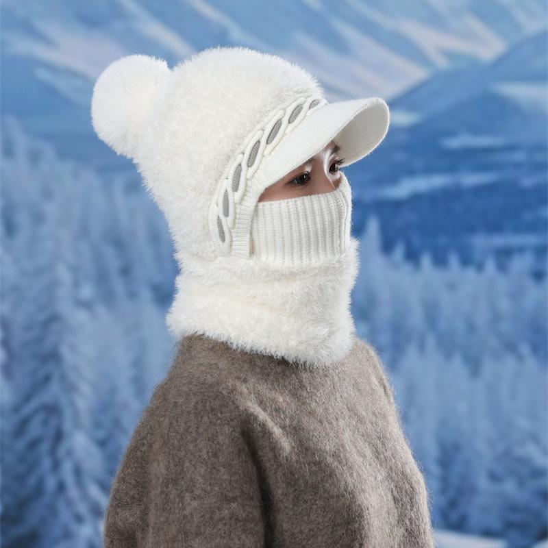 Fleece Verdickte Gestrickte Thermomütze Damen Wollmütze Outdoor Winddicht Halsbedeckung Einteilige Mütze