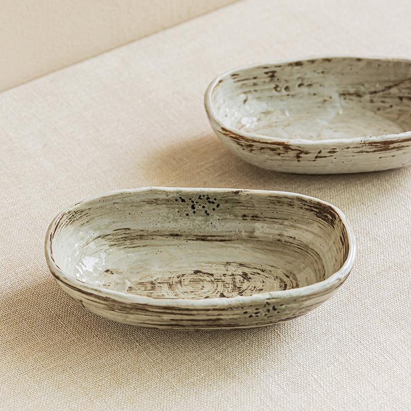 Minimalist Style Coarse Pottery Long Bowl Ceramic Bowl Restaurant Surprise Feeling Tableware Large Bowl Salad Bowl Household Bowl