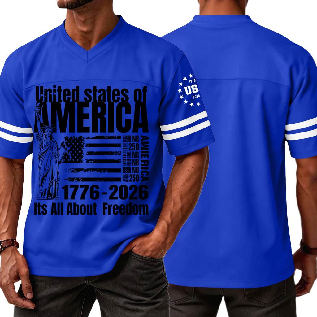 Mens V Neck Short Sleeve Sports T Shirt with States of America 1776 2026 Graphic and Statue of Print