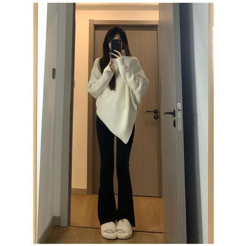 Autumn Winter High Collar Casual Fashion Irregular Sweater Women Solid All-match Bottomed Knitting Pullover Top