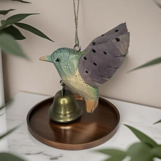 Wood Carving Hummingbird Ornament with Tree Stump/Bell Handcrafted Bird Figurine Statue Sculpture