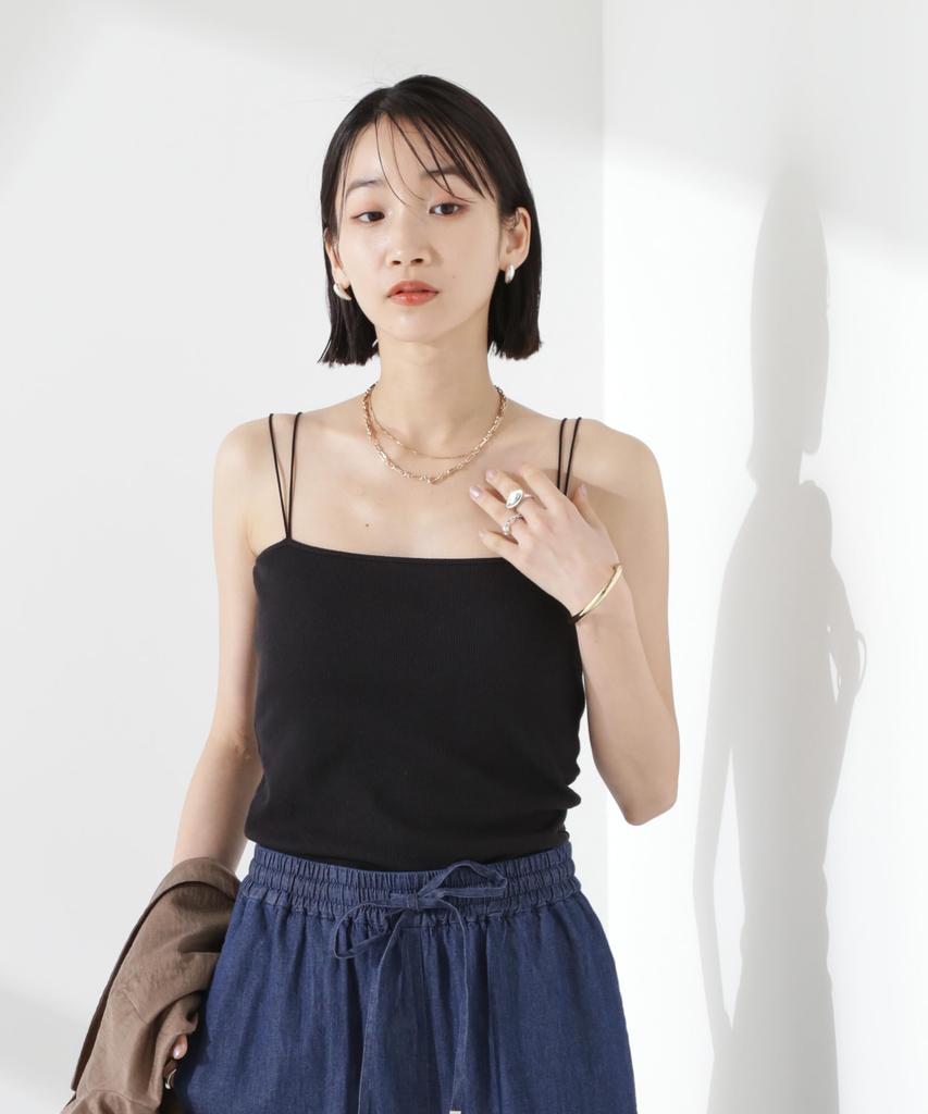 Nano Universe Antibacterial and Deodorizing Ribbed Camisole with Double F Cups, Strap, Women's, 010, Black, 673-5124300