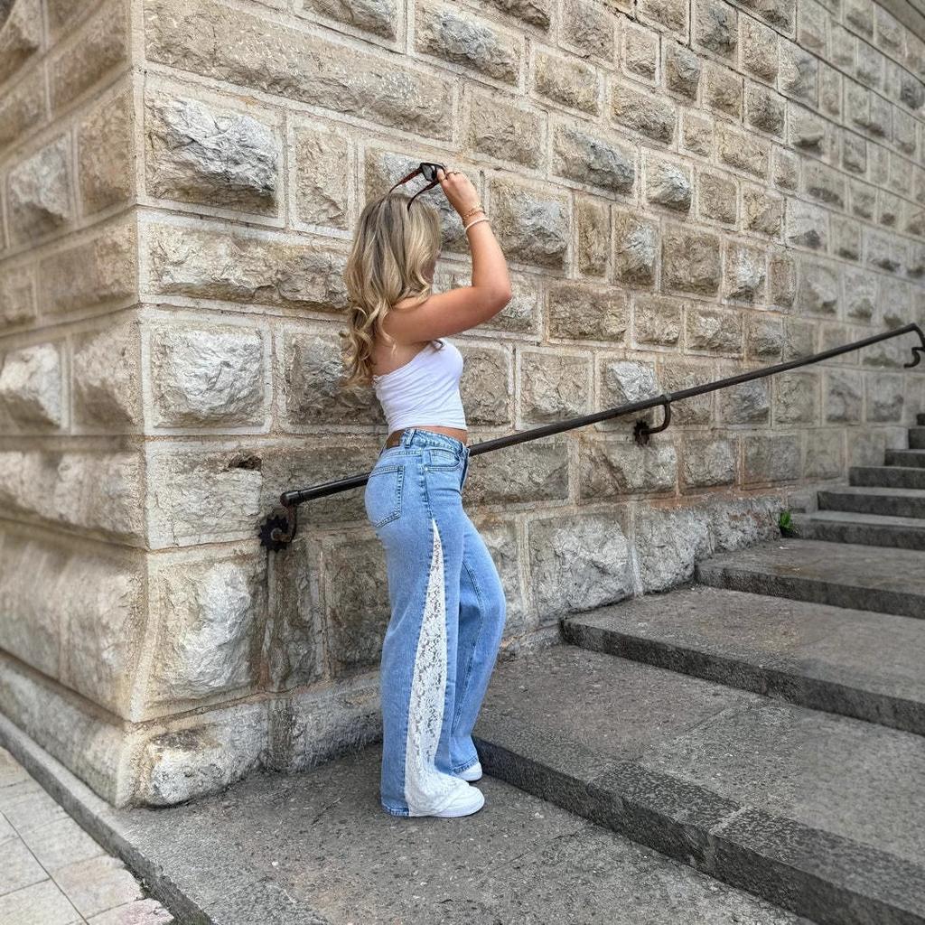 Women Elastic Lace Jeans Contrasting Color Splicing Wide Leg Straight Leg Denim Pants