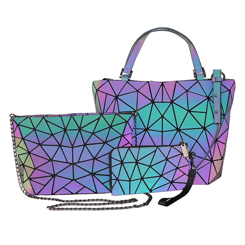 Women s Geometric Rhombus Luminous Luxury Bag Set - Diamond Pattern PU Bucket, Shoulder, Crossbody Bags with Chain