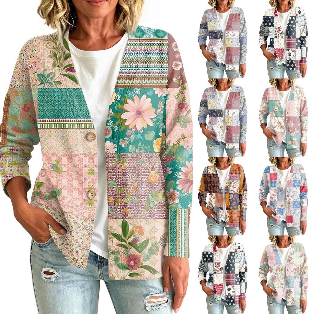 Women's fashionable casual buttoned patchwork fabric printed coat