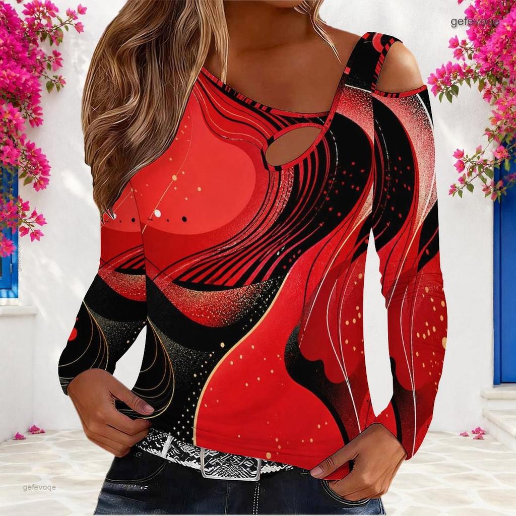 Women Plus Size Asymmetric Cutout Neck Cold Shoulder Long Sleeve Galaxy Printed Fitted Top