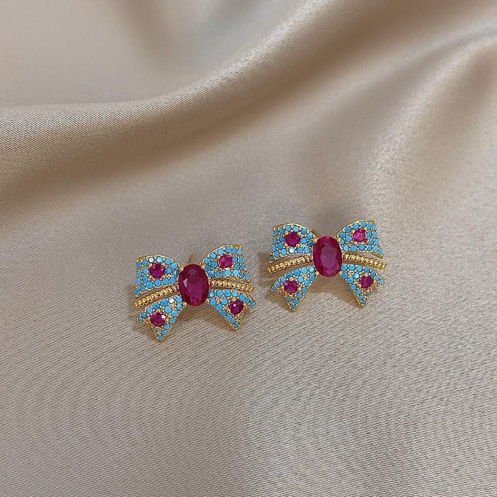 Zircon Korean Style Stud Earrings Blue Pink Bowknot Ear Studs Crystal Bow Earrings  Party