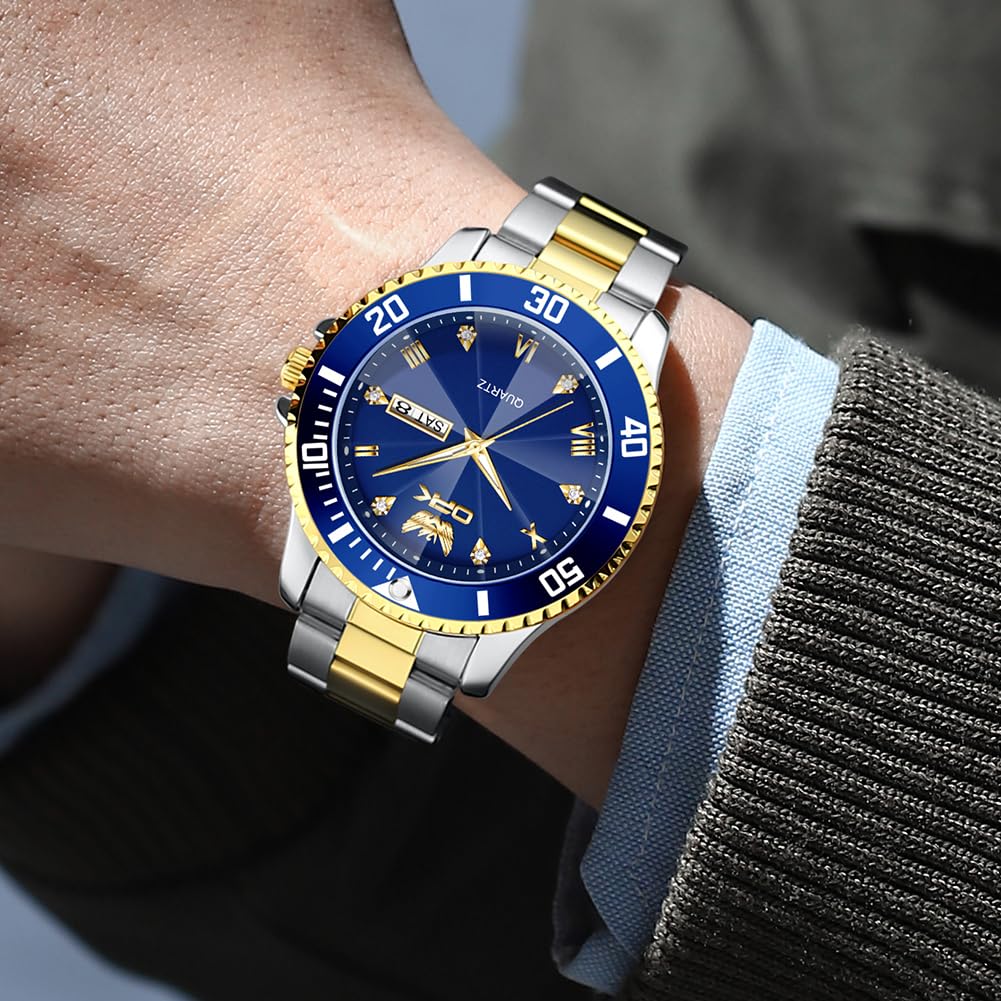 OPK Quartz Watch with Date Classic Stainless Steel Watch for School or Gold Blue Men's Display, Waterproof, Luminous, Stylish, Office, &