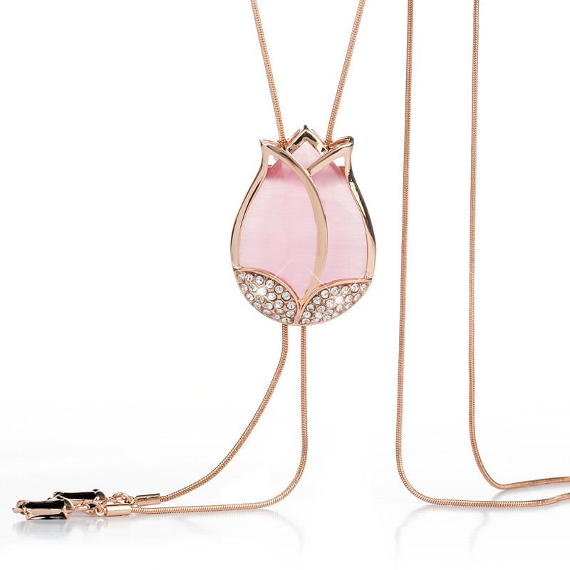 Tulip Floral Gorgeous Necklace With Cat Eye Stone And Snake Chain Perfect For Autumn Fashion