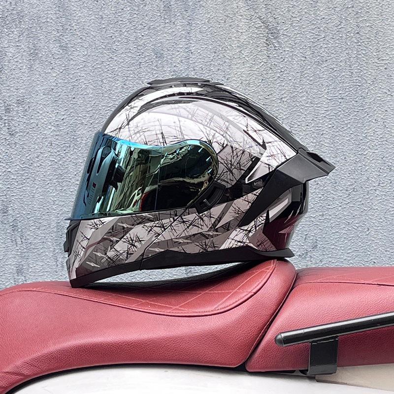 Motorcycle helmets Men's and women's face-off helmets Double mirror locomotive Bluetooth semi-full cover four seasons