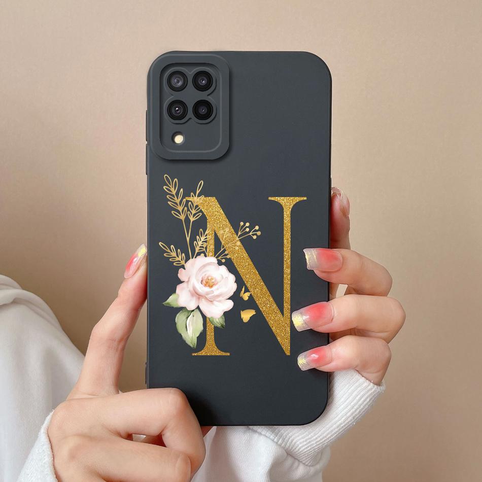 Elegant Case For Samsung M22 M32 4G 5G Rose Letter Phone Shell Lens Protective Cover For Galaxy M32 M22 Liquid Silicone Bumper