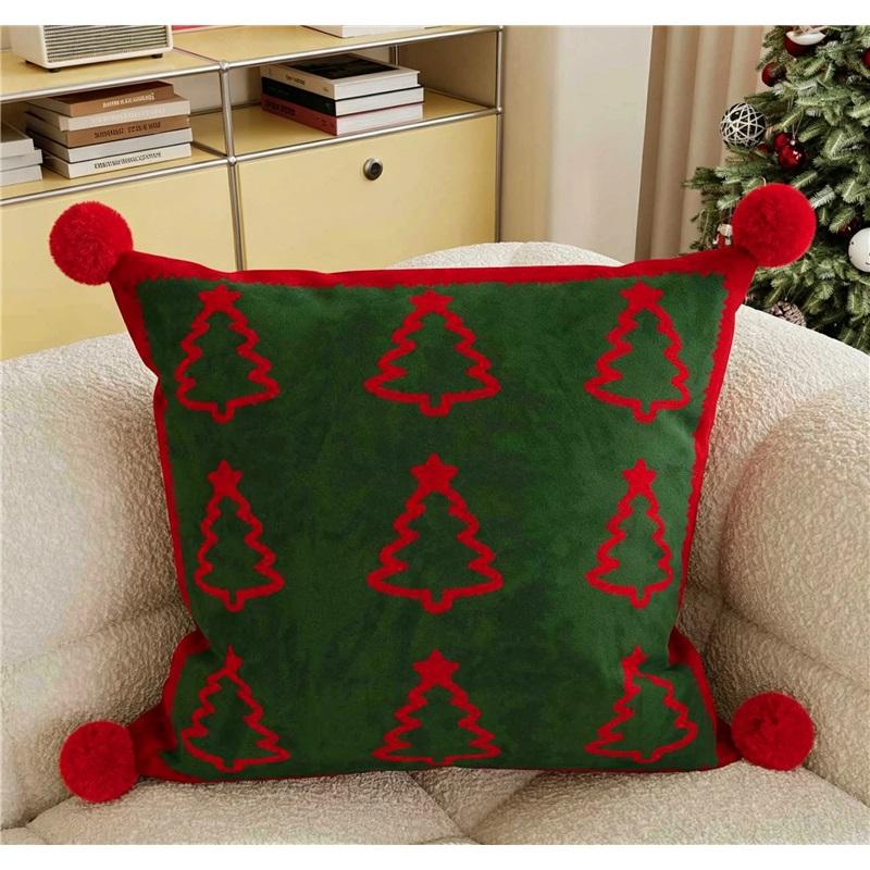 Festive Christmas Decorative Throw Pillow Pom‑pom Design Square Cushion Xmas Home Ornament For Sofa Couch Bedroom Living Room