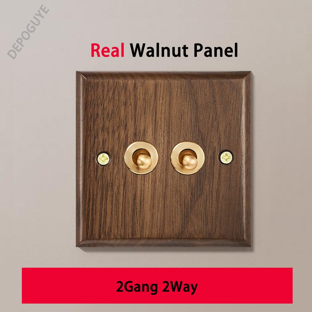 Black Retro Walnut Wall Toggle Switch Panel 1-4Gang 2Way Solid Wood Double EU/FR Socket Universal Usb C Electrical Power Outlet