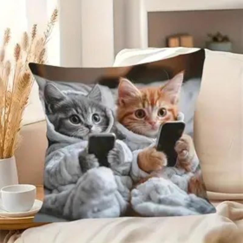 2D Print Cat Pillow Cover with Phone-Playing Design Short-Pile Plush Cute Cat Living Room Sofa Decorative Pillowcase 45 45 excluding pillow core 746₽