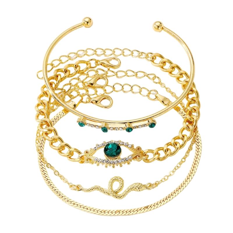 

4Pieces Round Green Zircon Snake Style Wrist Chain Simple Metal Bracelets Statement Open Cuff Bangles for Women Ladies 1
