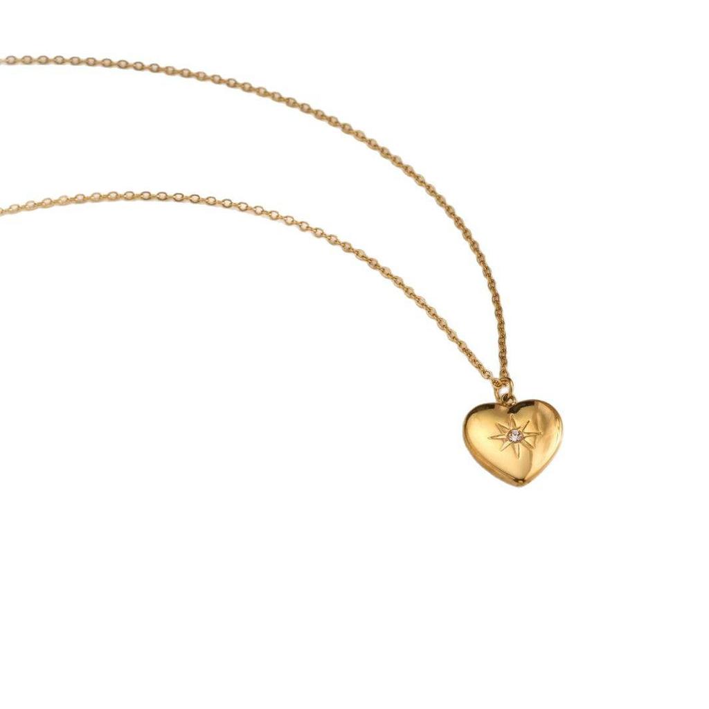 18K Gold Plated Titanium Steel Heart Pendant with Cubic Zirconia Clavicle Necklace
