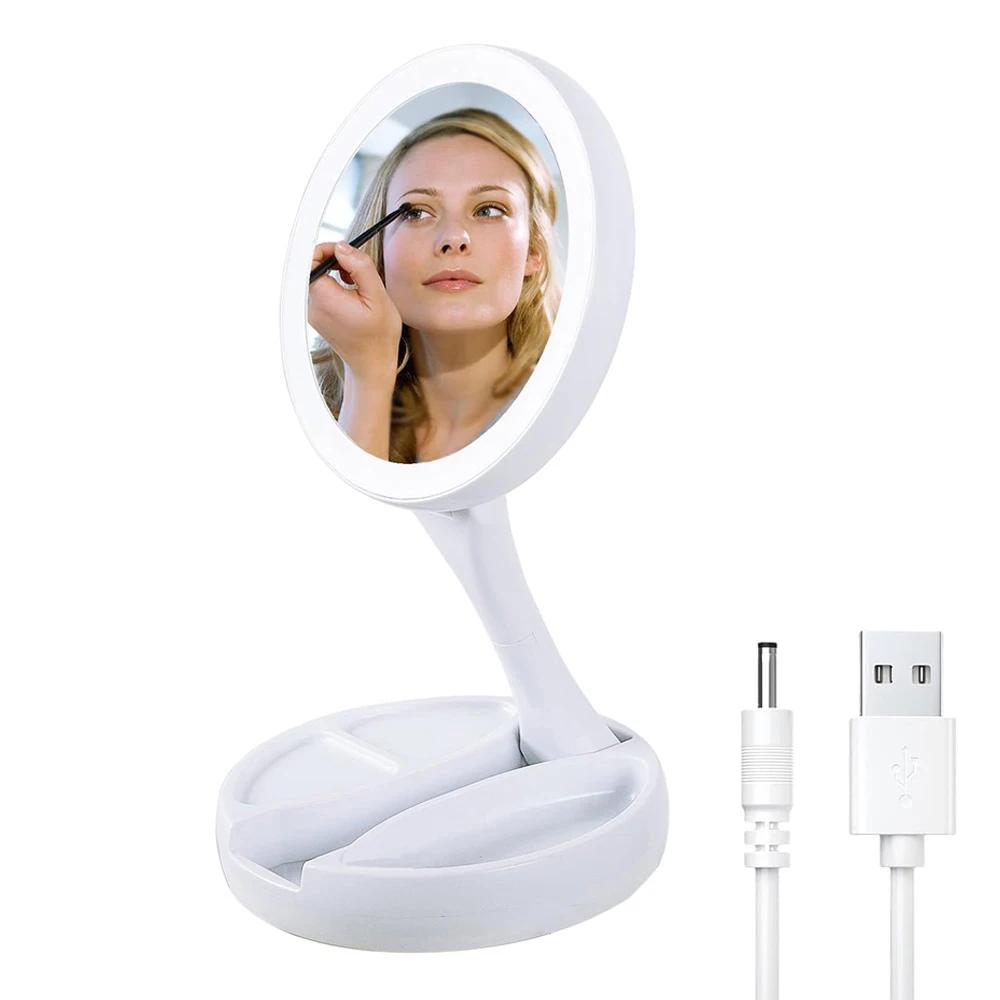 

Складное светодиодное зеркало для макияжа с подсветкой, 10-кратное увеличительное зеркало двойного назначения, двустороннее зеркало с зарядкой через USB или аккумулятором, настольные зеркала белый