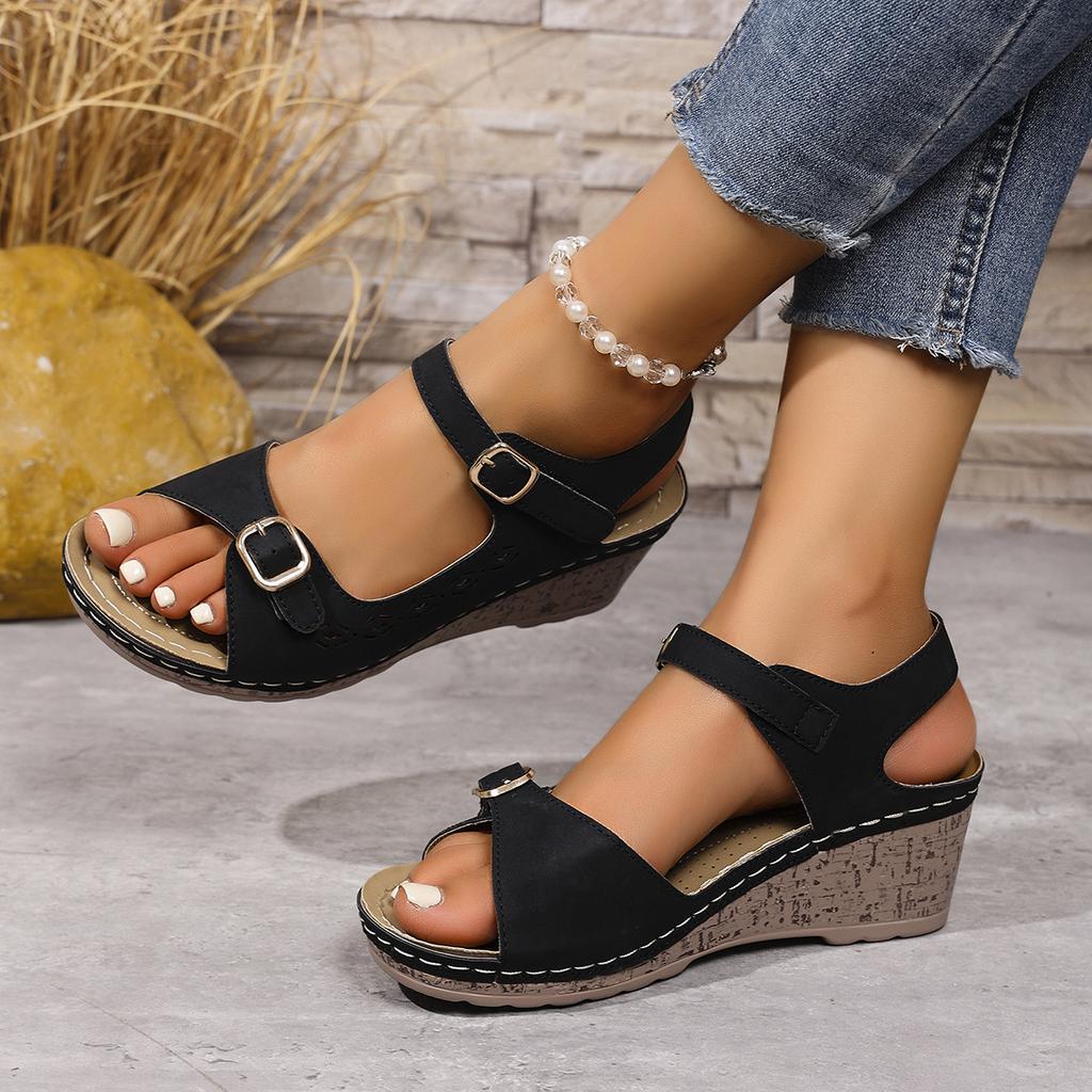 Foreign trade large size summer casual retro wedge heel thick-soled sewn shoes slippers one-character women's cool slippers