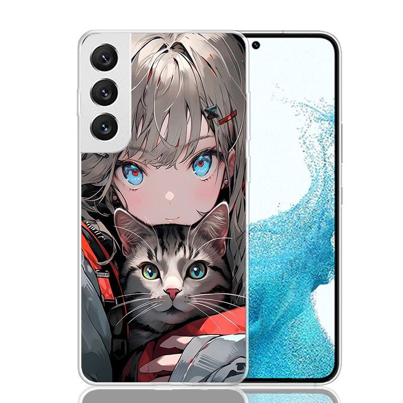 Anime Girls Cute Black Cat Phone Case For Samsung Galaxy S26 Ultra S23 S24 S25 Edge S20 FE S21 S22 Plus Soft Print Shell Cover F