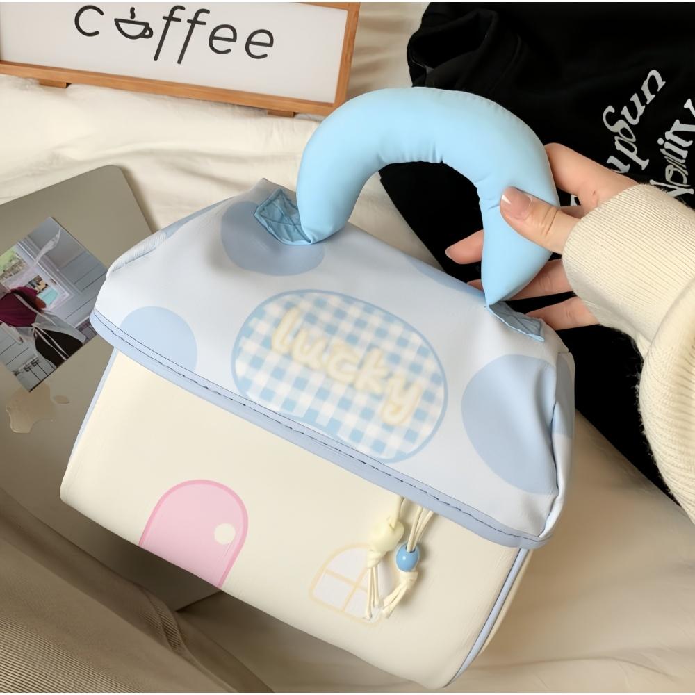 Portable Cosmetic Bag Makeup Storage Bag Organizer with Handle, Pink Blue Polka Dot Design